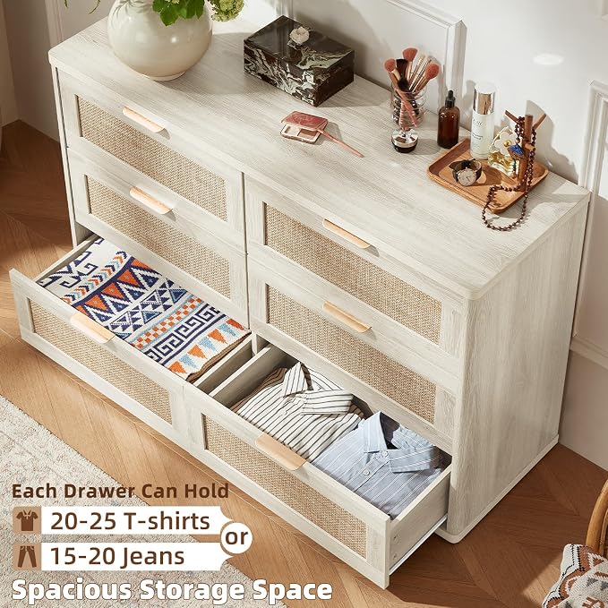 LEYAOYAO Rattan Dresser for Bedroom Set of 2, Boho 48" Wide White Dresser Chest - Image 4