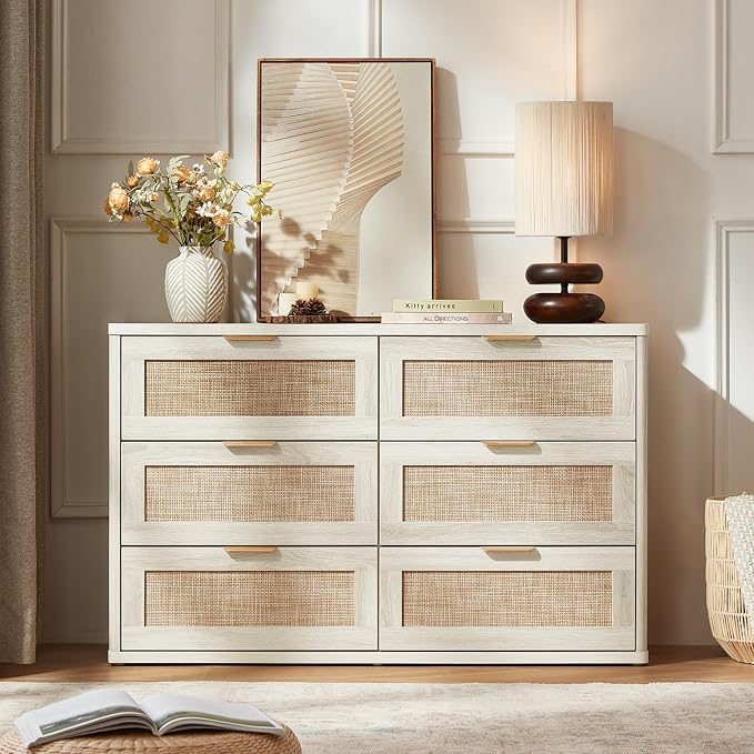 LEYAOYAO Rattan Dresser for Bedroom Set of 2, Boho 48" Wide White Dresser Chest - Image 8