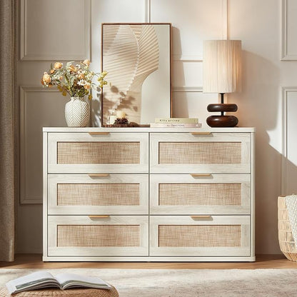 LEYAOYAO Rattan Dresser for Bedroom Set of 2, Boho 48" Wide White Dresser Chest - Image 8