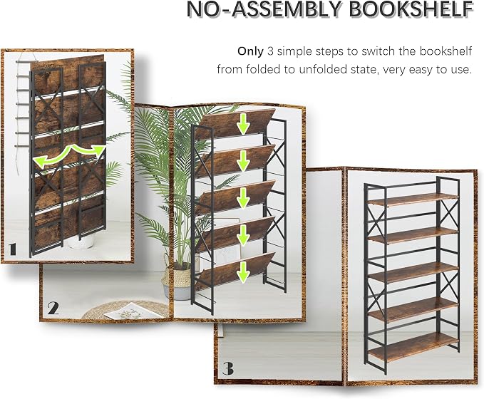 4NM Extra Wide 5 Tiers No Assembly Book Shelves, 51.2" H Folding Bookshelf - Image 6