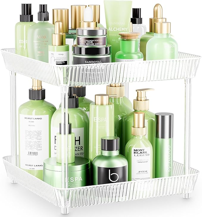2 Tier Lazy Susan Bathroom Countertop Organizer, 360° Clear Rotating Square by Acina