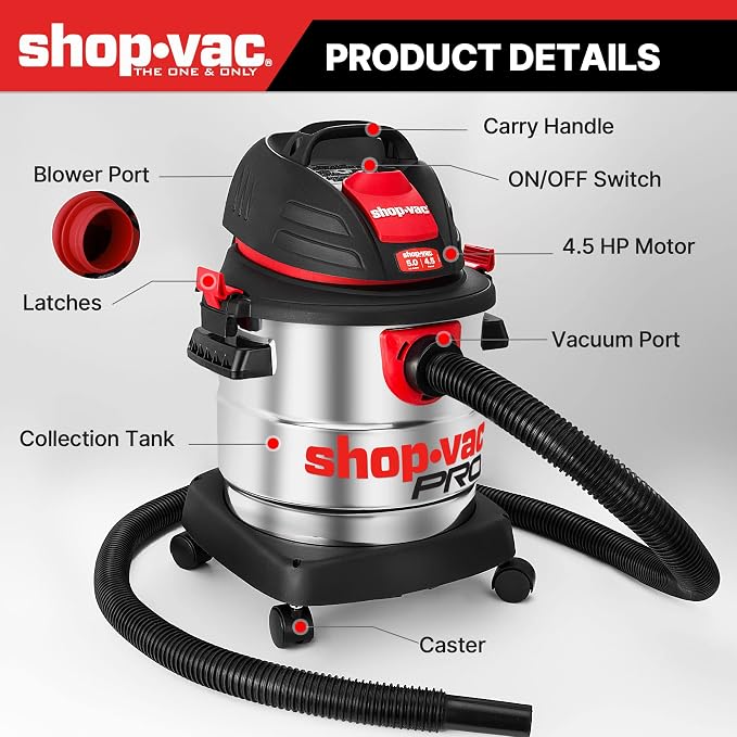 Shop-Vac 5 Gallon 4.5 Peak HP Wet/Dry Vacuum, Stainless Steel Tank, Portable - Image 3