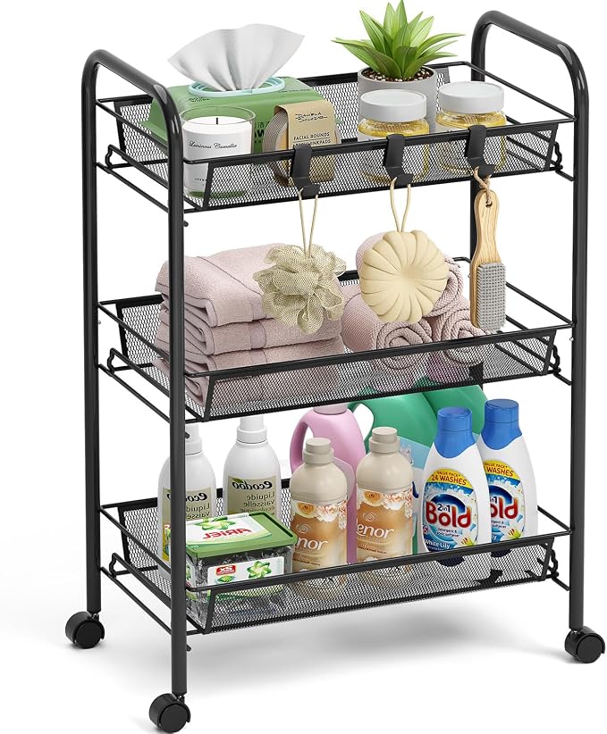 TOOLF 3-Tier Metal Rolling Cart, Mesh Wire Easy Assemble Utility Cart, Storage by TOOLF