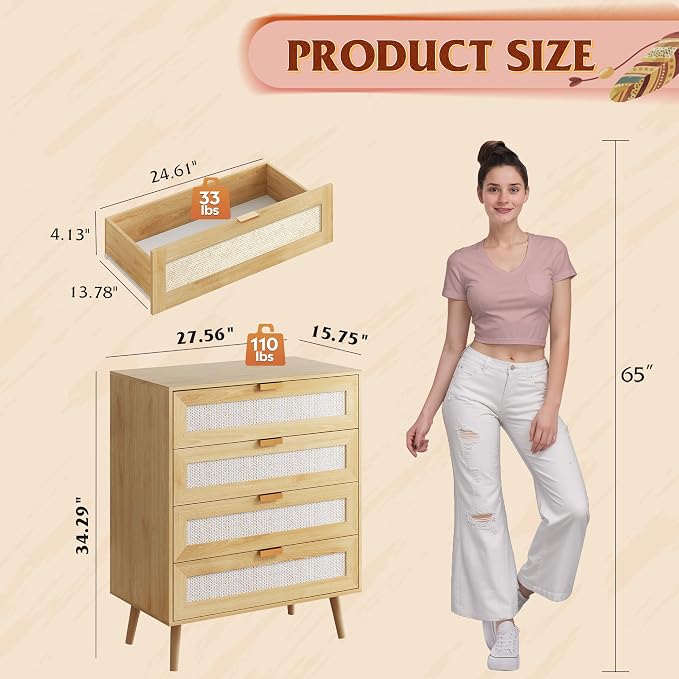 WLIVE Rattan Dresser for Bedroom, 4 Drawer Wooden Boho Dresser Storage - Image 3