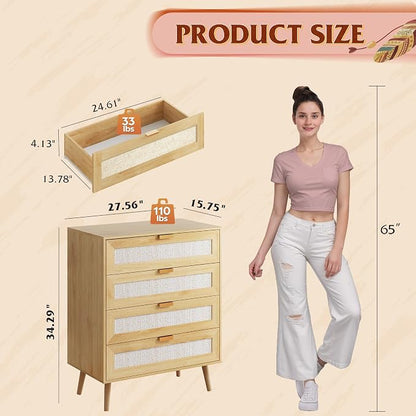 WLIVE Rattan Dresser for Bedroom, 4 Drawer Wooden Boho Dresser Storage - Image 3