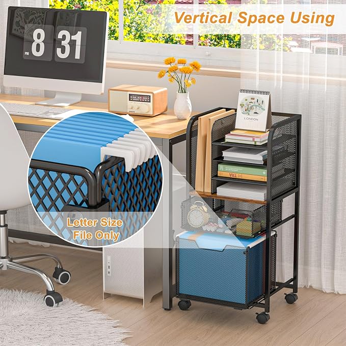 6-Tier Rolling File Cart with 2 Drawers, File Cabinet Organizer - Image 4