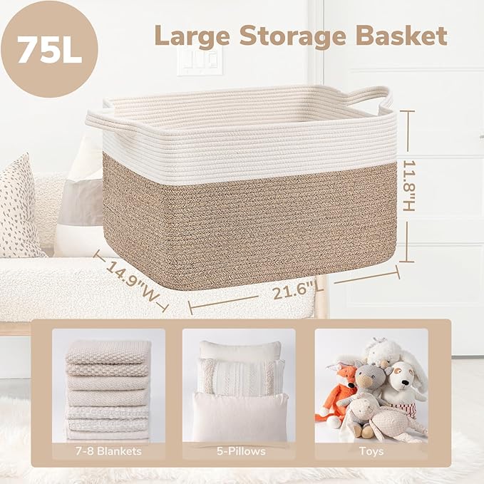 Goodpick Large Woven Blanket Basket, 21.6" x 14.9" x 11.8" Storage Baskets - Image 3
