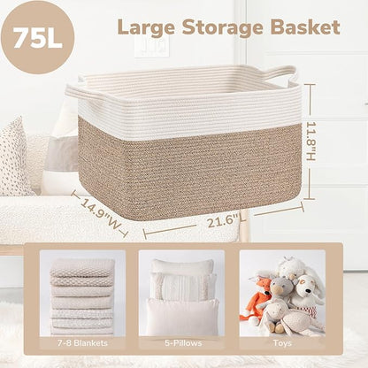 Goodpick Large Woven Blanket Basket, 21.6" x 14.9" x 11.8" Storage Baskets - Image 3