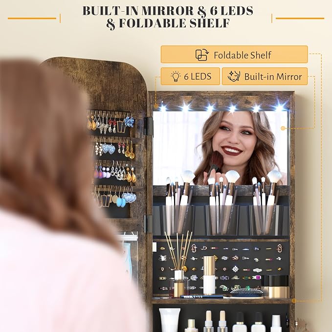Vlsrka 47.2" LED Mirror Jewelry Cabinet, Wall/Door Mounted Full Length Mirror - Image 4