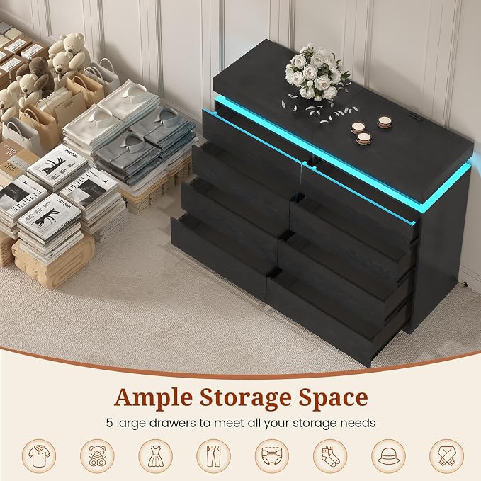 Tall Black 8 Dresser for Bedroom, Sliding Top Storage Space, Modern Wood Drawers - Image 4