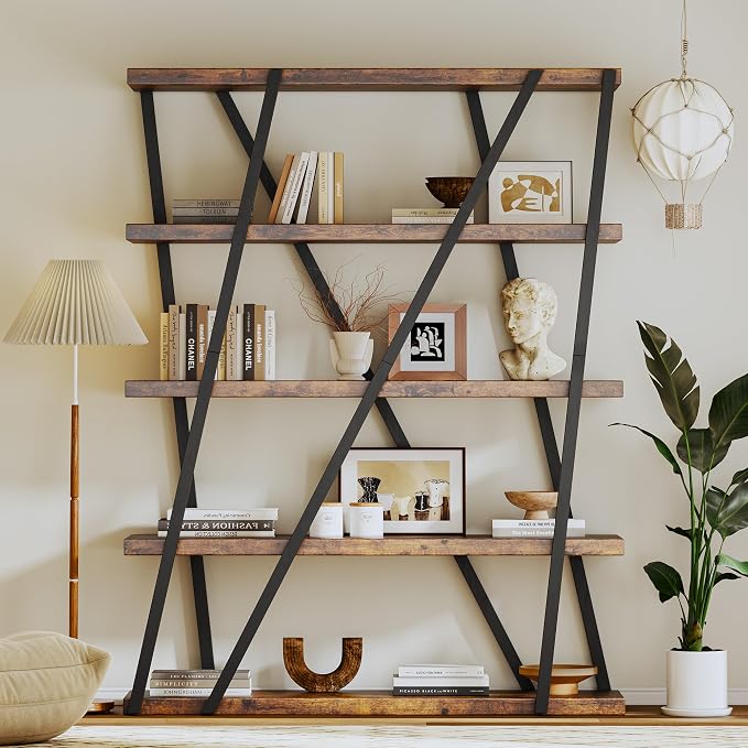 FUSUNBAO Unique 5-Tier Wooden and Metal Frame Bookshelf, Vintage Industrial - Image 6