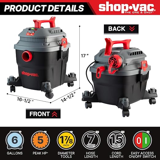 Shop-Vac 6 Gallon 5 Peak HP Wet/Dry Vacuum, Portable Shop Vacuum - Image 2
