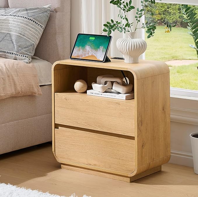 Curved Night Stand Set of 2, 23.2" Large Wood Farmhouse Nightstand - Image 4