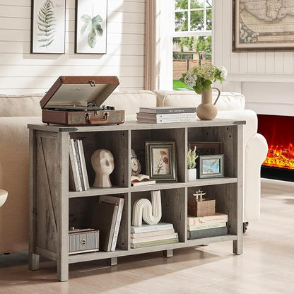 Farmhouse 6 Cube Bookshelf, Rustic Grey Oak Wooden Storage Organizer Book Shelf - Image 8