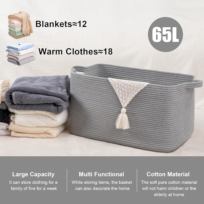 95L Large Storage Basket, Cotton Rope Woven Blanket Basket, Nursery Storage - Image 2