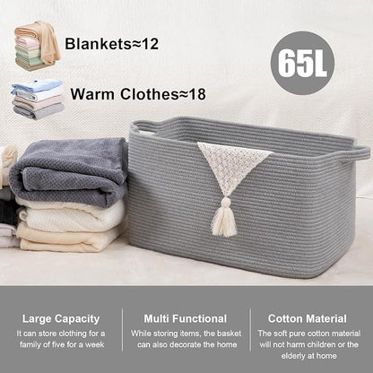 95L Large Storage Basket, Cotton Rope Woven Blanket Basket, Nursery Storage - Image 2