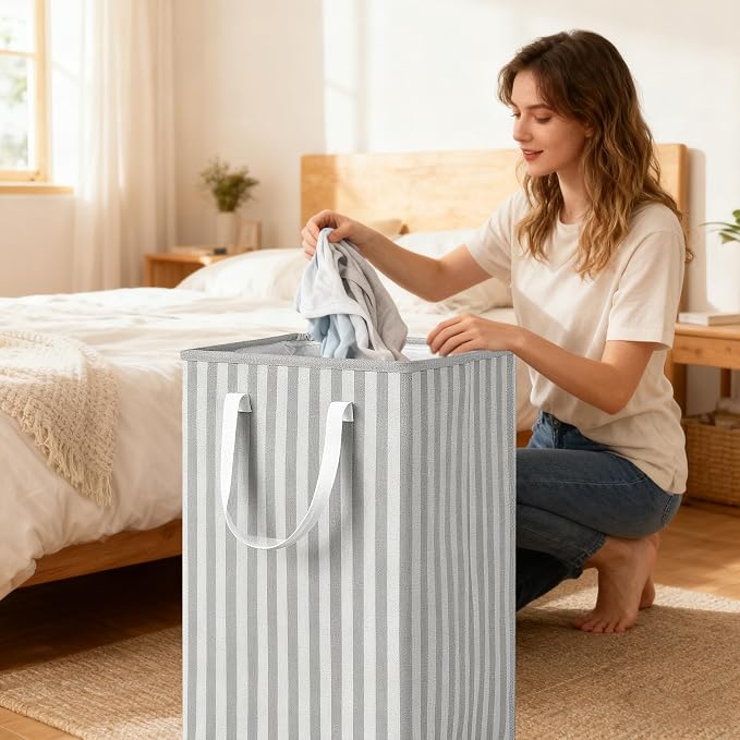 3 Pack Laundry Hamper Collapsible 75L Large Waterproof Cotton Linen Clothes - Image 5