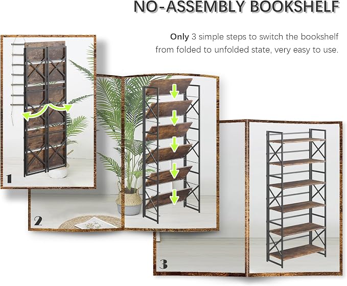4NM 6 Tiers No Assembly Book Shelves, 61.8" H Folding Bookshelf Bookcase Open - Image 6