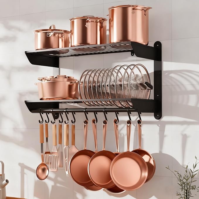 YIGII 30 Inch Pot Rack Wall Mounted, 2-Tier Pots and Pans Organizer by YIGII