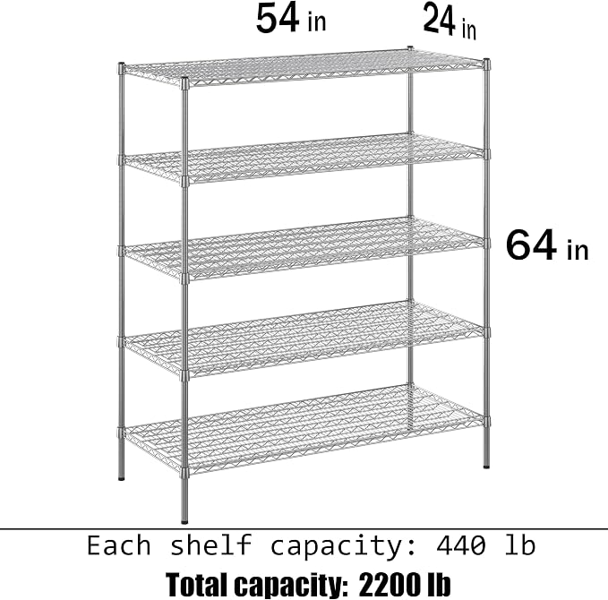 24" Deep x 54" Wide x 64" Height Wire Shelving Kit | 5-Tier | NSF Commercial - Image 3