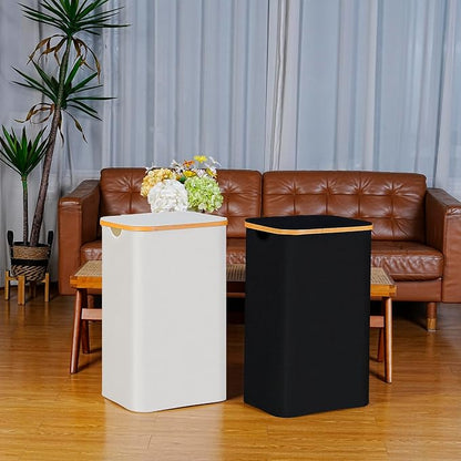 100L Laundry Hamper with Lid, Lagre Basket with Bamboo Handles, Foldable - Image 5