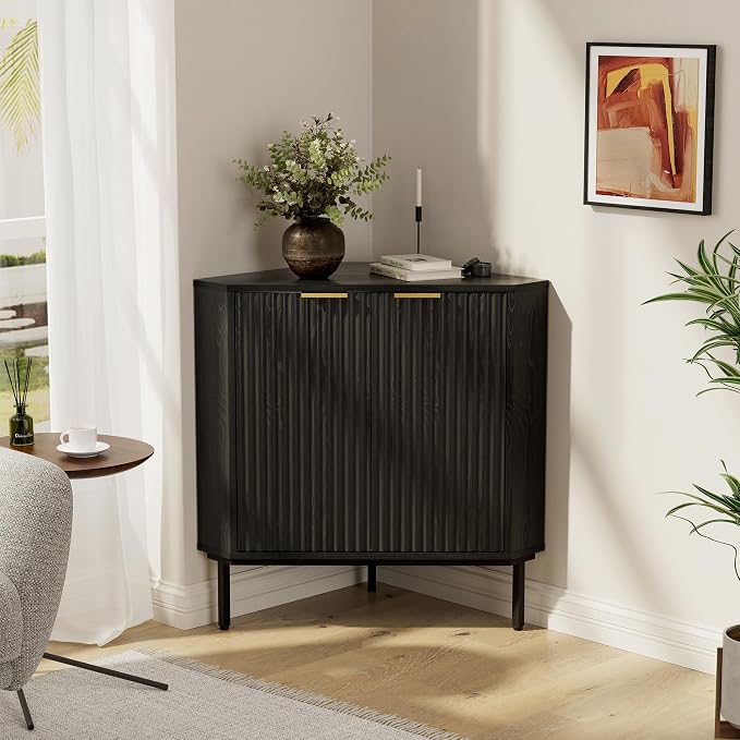Modern Fluted Corner Cabinet, Wooden Small Floor Storage Cabinet - Image 5