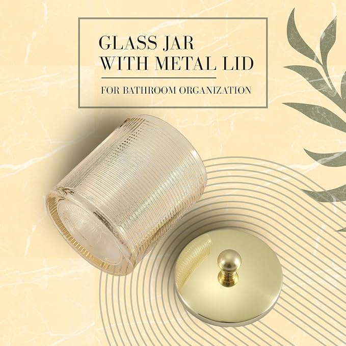 Tan Colored Tranlucent Apothecary Ribbed Geometric Etched Glass Jar W/Gold - Image 6