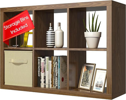 furtble Bookshelf with Storage Bin, 6-Cube Storage Organizer, Modern Wood Open by furtble