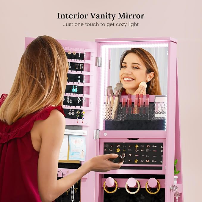 LVSOMT LED Mirror Jewelry Cabinet Standing, 360°Swivel Jewelry Armoire - Image 3