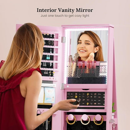 LVSOMT LED Mirror Jewelry Cabinet Standing, 360°Swivel Jewelry Armoire - Image 3