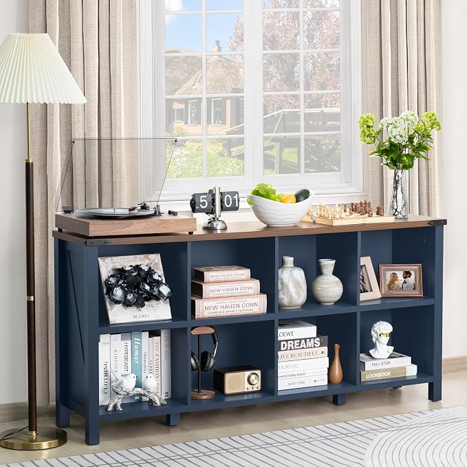 8 Cube Book Shelf, Farmhouse Wood Long Storage Organizer Bookcase, Hallway TV - Image 5