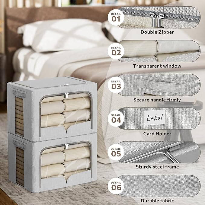 FHSQX 3 Pack Clothes Storage Bins Foldable Metal Frame Storage Box Stackable - Image 3