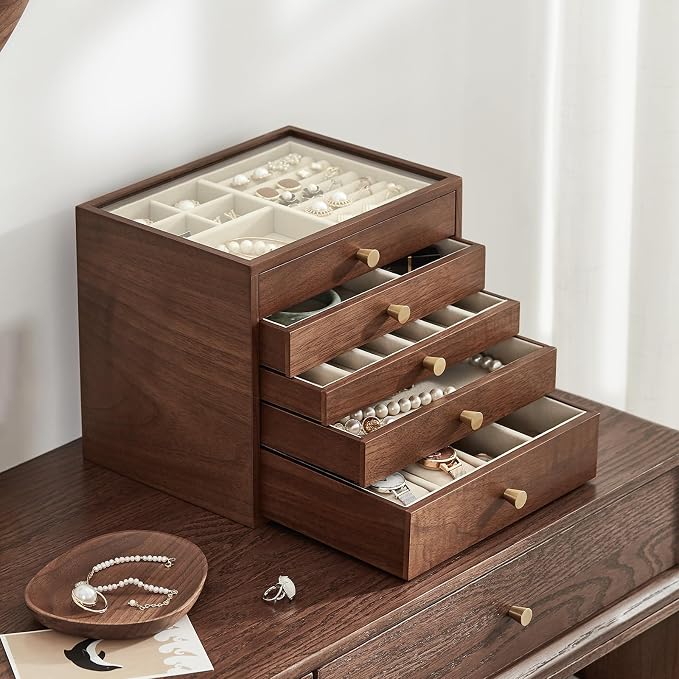 CHOSIN Black Walnut Wooden Jewelry Box Women large 5 Level Drawer Organizer Box - Image 2