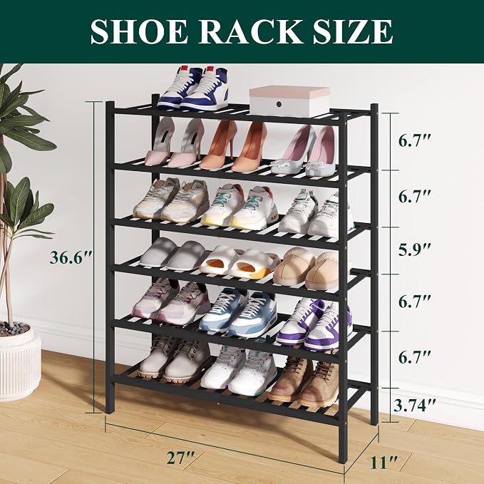 Smiry Bamboo Shoe Rack for Closet, 6 Tier Wooden Stackable Shoe Organizer - Image 2