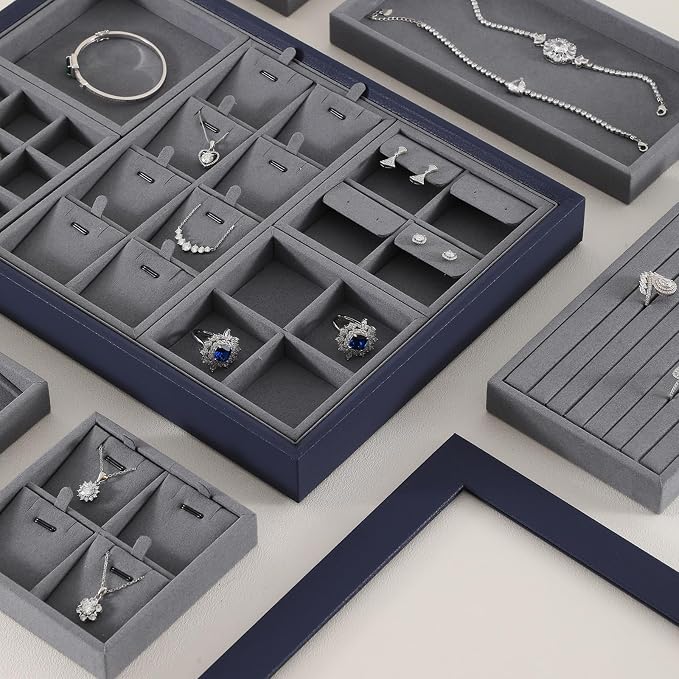 Dark Blue Jewelry Display Tray Ring Necklace Earring Bangle Organizer - Image 3