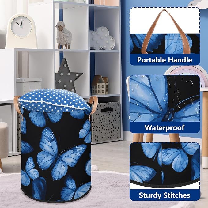 Foldable Laundry Hamper with Elegant Blue Butterfly Pattern - Image 3