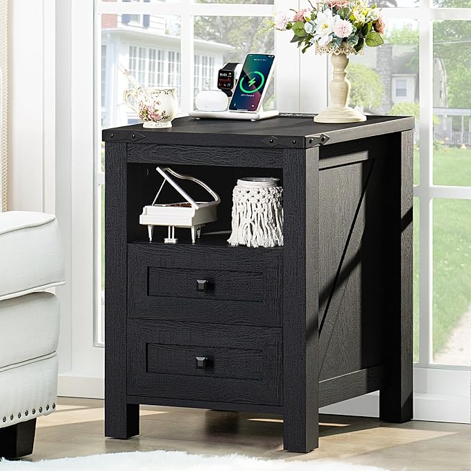 Nightstand with Charging Station, Farmhouse Night Stand with 2 Drawers and by Joaxswe