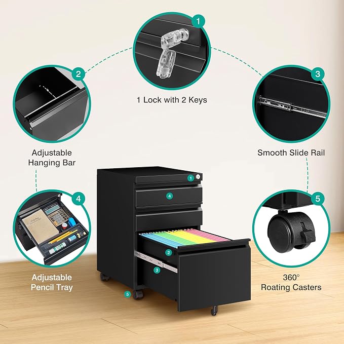 3 Drawer File Cabinet with Lock, Under Desk File Cabinet with Wheels, Three - Image 6
