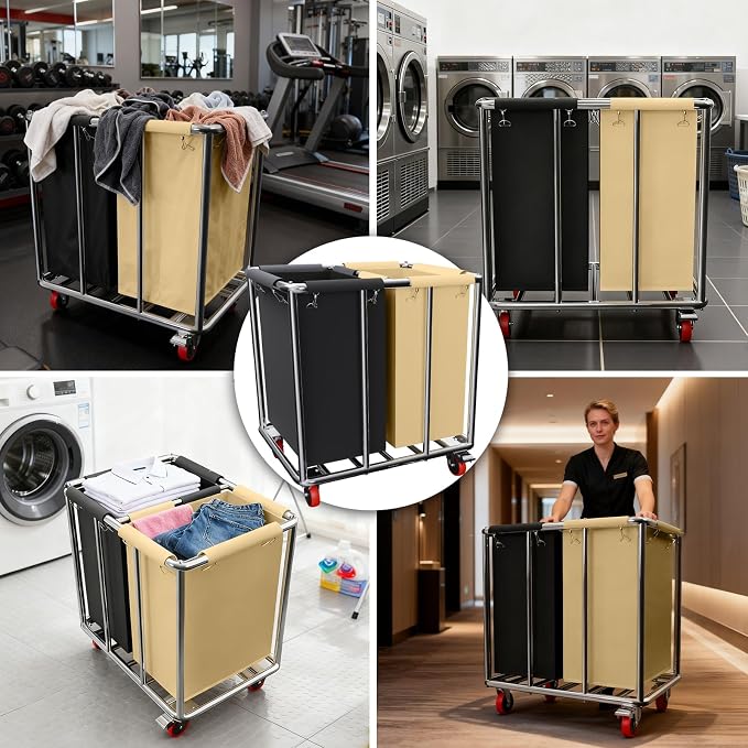 Commercial Laundry Cart with Wheels, 400L 2-Section Large Lanudry Hamper with - Image 8