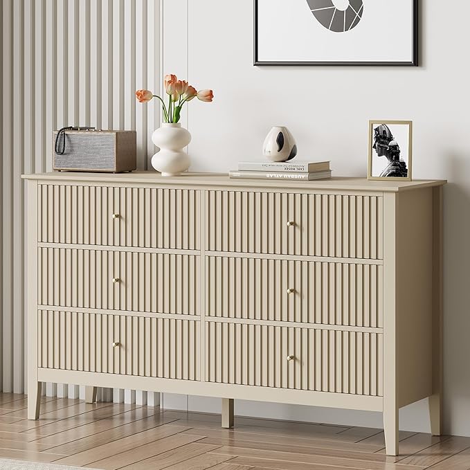 RoyalCraft Beige 6 Drawer Dresser, Fluted Modern Wood Chest of Drawers by Bringyoubetterlife