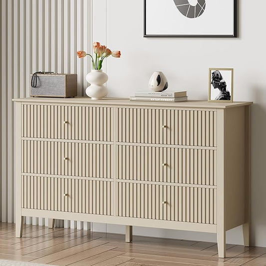 RoyalCraft Beige 6 Drawer Dresser, Fluted Modern Wood Chest of Drawers by Bringyoubetterlife