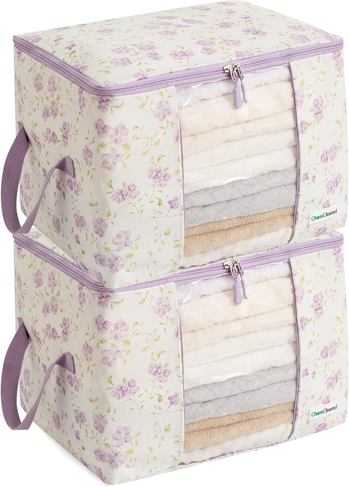 Designer Canvas Clothing Storage Bags 2 Pack Purple Floral Clothes Organizer by ChaosCleared