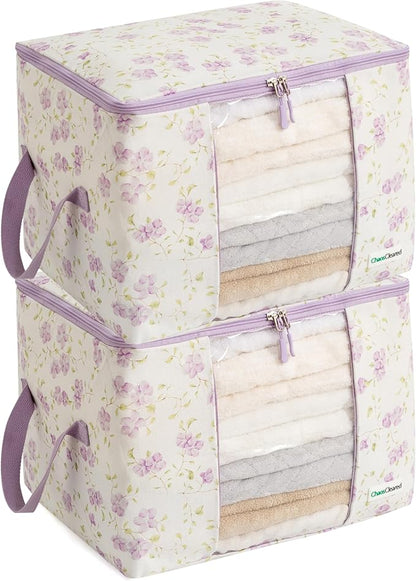 Designer Canvas Clothing Storage Bags 2 Pack Purple Floral Clothes Organizer by ChaosCleared