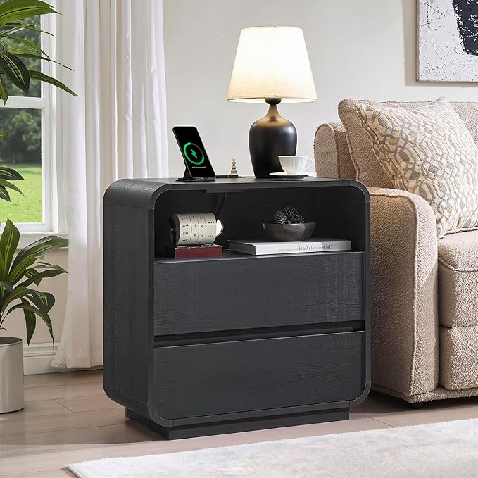 Curved Black Nightstand with Charging Station, Modern Bedside Table with 2 by StandifurnoFurniture