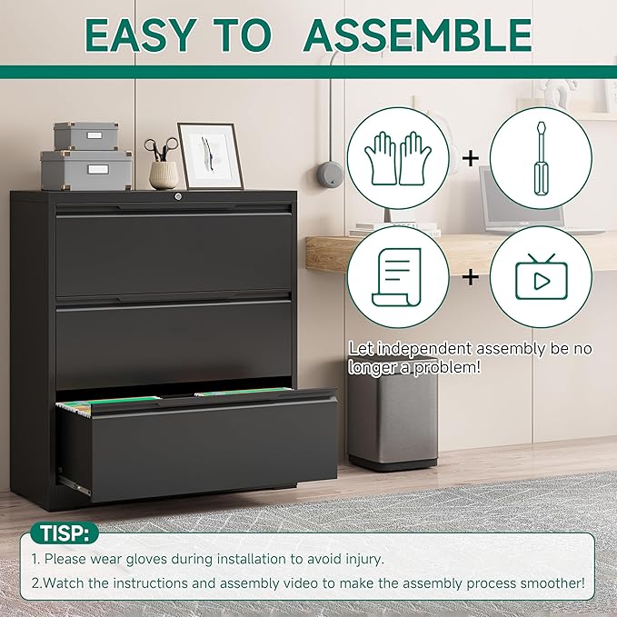 Filing Cabinet with Lock, Lateral File Cabinets 3 Drawer Metal Wide Filing - Image 4