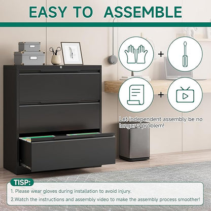Filing Cabinet with Lock, Lateral File Cabinets 3 Drawer Metal Wide Filing - Image 4