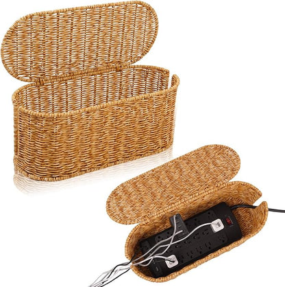 Cable Management Box, Handmade Rattan Cable Organizer, 2 Open Slots Cords Hider by Cantalop
