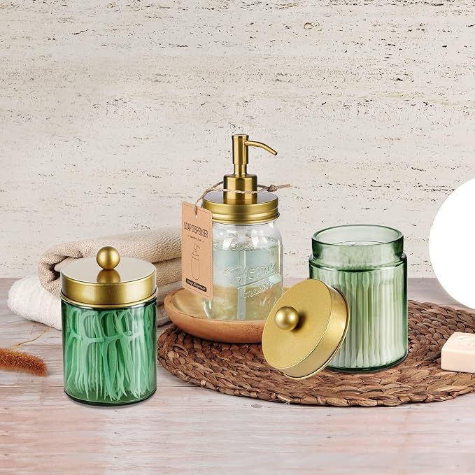 Amolliar Sage Green Qtip Holder, Glass Apothecary Jar Metal Lid & Stickers - Image 7
