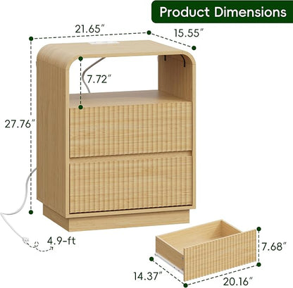 Natural Oak Nightstand with Charging Station, Mid Century Modern Bedside Table - Image 2