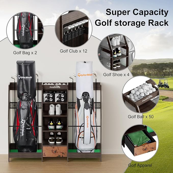 Golf Bag Storage Organizer for Garage, Premium Wooden 2 Golf Bags Rack - Image 2